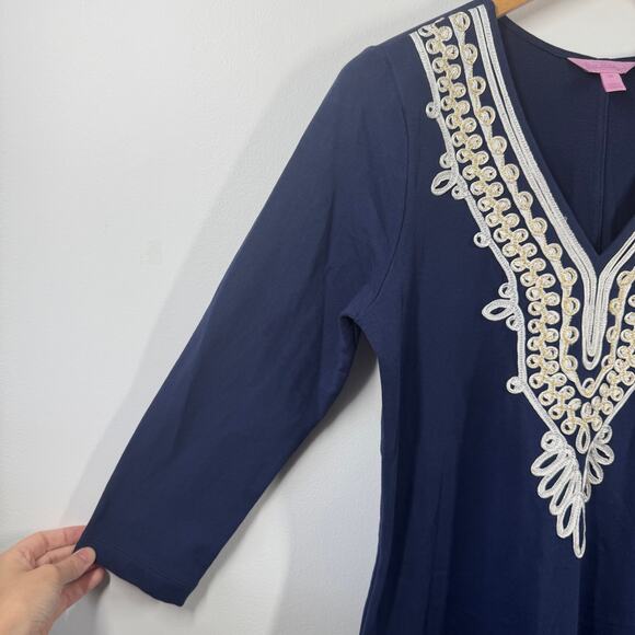 Lilly Pulitzer Dress Women M Blue White Gold Embroidering Shift Modest Preppy - Picture 6 of 8